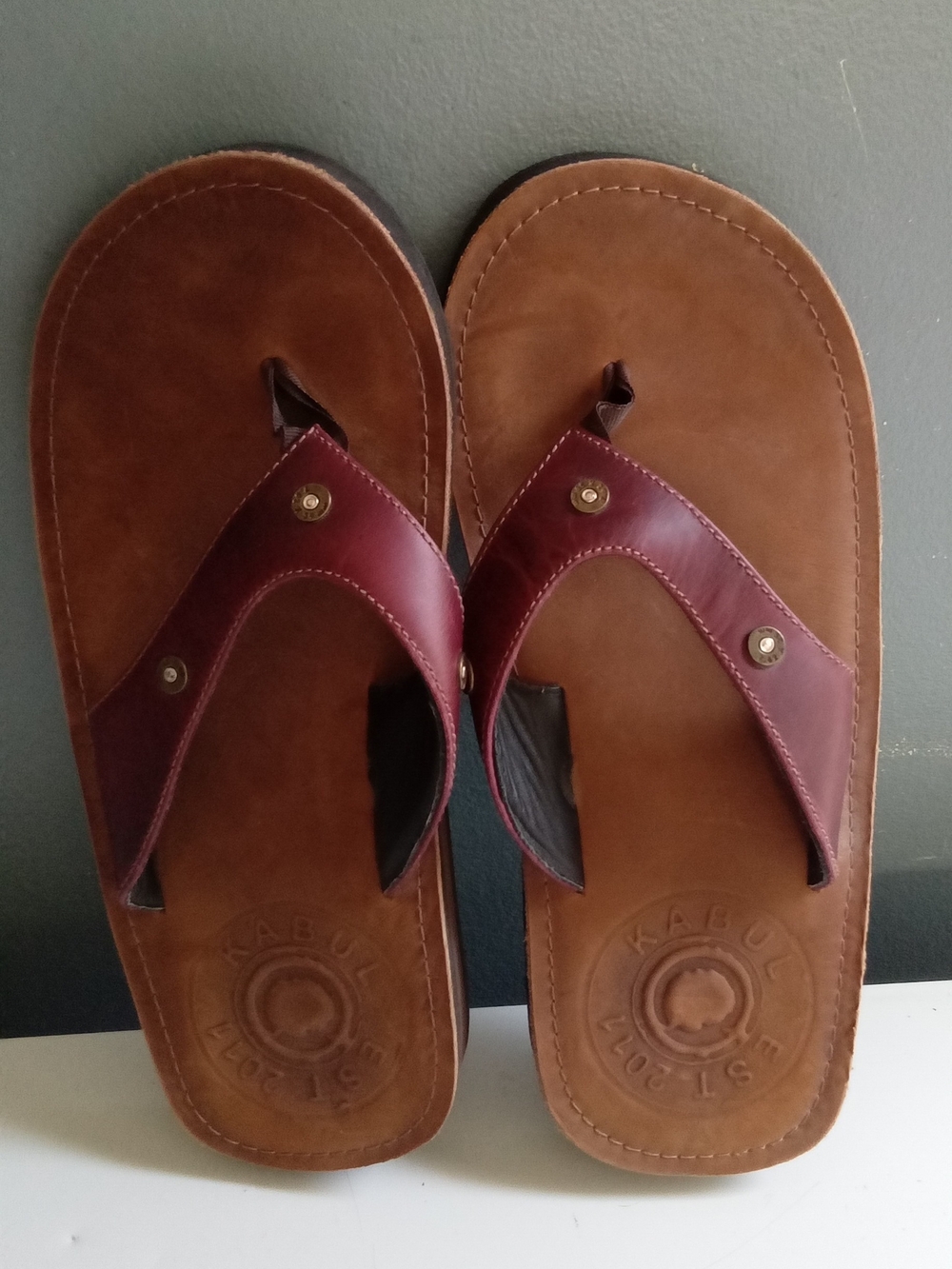 Kabul Est 2017 Mens‎ Leather Flip Flop Sandals Burgundy Tan Studded Thong Shoes